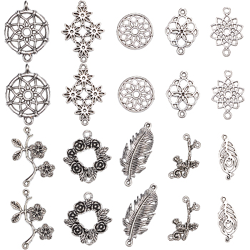 SUNNYCLUE 80Pcs 10 Styles Flower Theme Tibetan Style Alloy Connector Charms, Mixed Shapes, Antique Silver, 15~34x10.5~30x1.5~3.5mm, Hole: 1.2~2mm, 8pcs/style