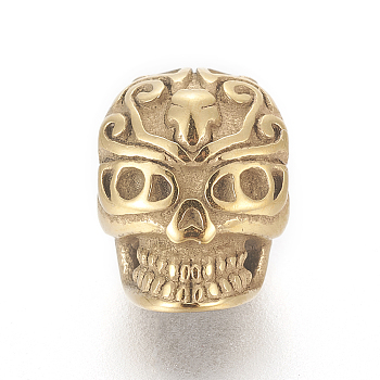 304 Stainless Steel European Beads, Large Hole Beads, Skull, Golden, 12x8x8mm, Hole: 4.5mm