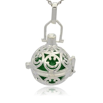 Silver Color Plated Brass Hollow Round Cage Pendants, with No Hole Spray Painted Brass Round Ball Beads, Green, 35x25x21mm, Hole: 3x8mm