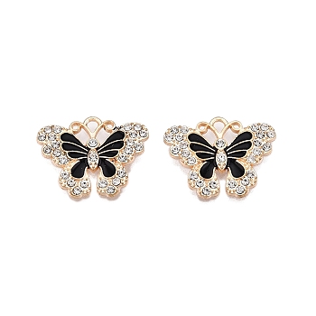 Alloy Enamel Pendants, with Crystal Rhinestone, Cadmium Free & Lead Free, Light Gold, Butterfly Charms, Black, 17.5x22x2mm, Hole: 1.8mm