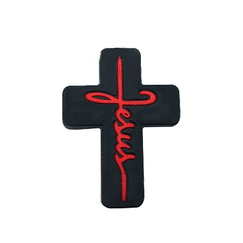 Cross with Word Jesus Food Grade Silicone Beads, Silicone Teething Beads, Black, 30x22.2mm