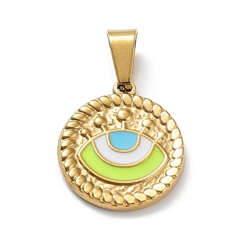 Ion Plating(IP) 304 Stainless Steel Pendants, with Enamel, Golden, Flat Round with Evil Eye Charm, Green Yellow, 18.5x16.5x2mm, Hole: 7.5x3.5mm