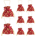 Flower Printed Cloth Drawstring Storage Bags, Tassel Wedding Candy Bags with Rope Handle, Rectangle, Red, 22.5cm, Bag: 162x151x1mm(ABAG-WH20010-20A-01)