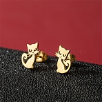 Stainless Steel Stud Earrings, Cat Shape, Golden, 11x7mm(PW-WG95520-09)