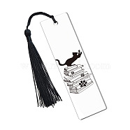 Cat & Book Pattern Transparent Acrylic Bookmarks, Tassel Bookmarks, Rectangle, Clear, 130x27x2mm(PW-WG82911-01)
