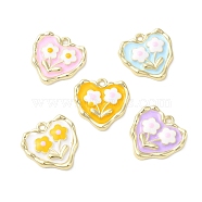 Alloy Eanmel Pendants, Heart with Flower Charm, Golden, Mixed Color, 18x18x2.5mm, Hole: 1.6mm(X-ENAM-D050-12G)