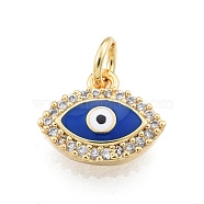Brass Micro Pave Clear Cubic Zirconia Charms, with Enamel and Jump Rings, Golden, Evil Eye, Blue, 10x12x2.5mm, Hole: 3mm(KK-I691-05B)