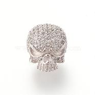 Brass Micro Pave Cubic Zirconia Beads, Skull, Platinum, 11.1x10.8mm(ZIRC-S053-YS040-3)