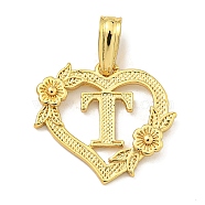 Heart Brass Pendants, Long-Lasting Plated, Cadmium Free & Lead Free, Real 18K Gold Plated, Letter T, 18x20x3mm, Hole: 3.5x7mm(KK-I714-04G-T)