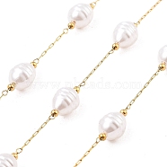 Ion Plating(IP) 304 Stainless Steel Paperclip Chains, Soldered, with ABS Imitation Pearl Beads, Oval, Real 18K Gold Plated, 10x7.5mm, about 16.40 Feet(5m)/Roll(CHS-P018-03G-G)