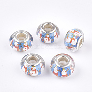 Resin European Beads, Large Hole Beads, with Brass Cores, Christmas Style, Rondelle, Silver Color Plated, Dodger Blue, 13.5~14x9~9.5mm, Hole: 5mm(RPDL-S014-09)