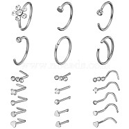 21Pcs 21 Style Clear Cubic Zirconia Flower & Flat Round & Heart Nose Studs & Rings Set, 304 Stainless Steel Nose Hoop & Fishtail & L-shape Nose Rings, Piercing Jewelry for Women, Silver, 9~9.5x5.5~9.5mm, Pin: 0.8mm, 1Pc/style(JX527B)