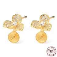 925 Sterling Silver Stud Earring Findings, with Micro Pave Clear Cubic Zirconia, Flower, for Half Drilled Beads, with S925 Stamp, Real 18K Gold Plated, 7.5x8.5mm, Pin: 11x1mm and 0.7mm(STER-M115-09G)