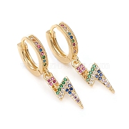 Brass Micro Pave Cubic Zirconia Huggie Hoop Earrings, Long-Lasting Plated, Lightning Bolt, Colorful, Golden, 34.5mm, Pin: 1mm(EJEW-G276-21G)