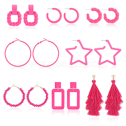 ANATTASOUL 8 Pairs 8 Style Acrylic Hollow Out Rectangle & Tassel Dangle Stud Earrings, Ring & Star Alloy Half Hoop Earrings for Women, Camellia, 30.5~90mm, Pin: 0.7mm, 1 Pair/style(EJEW-AN0001-93)