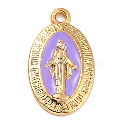 Golden Alloy Enamel Pendants, Long-Lasting Plated, Our Lady of the Miraculous Medal, Oval, Lilac, 21x12x1.5mm, Hole: 1.7mm(KK-P197-16A)