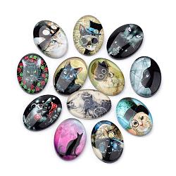 Flat Back Glass Kitten Cabochons, for DIY Projects, Cat Pattern, Oval, Mixed Color, 25x18x5.5mm(GGLA-S034-25x18-024)