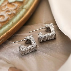 Square Box Design Brass Micro Pave Clear Cubic Zirconia Stud Earrings for Women, Platinum, 13x5mm(EJEW-A110-07P)