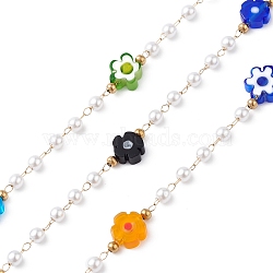 304 Stainless Steel Link Chains, with ABS Plastic Imitation Pearl Beads & Resin Flower, Unwelded, Colorful, 2x1.4x0.2mm(CHS-P016-05G)