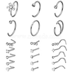 21Pcs 21 Style Clear Cubic Zirconia Flower & Flat Round & Heart Nose Studs & Rings Set, 304 Stainless Steel Nose Hoop & Fishtail & L-shape Nose Rings, Piercing Jewelry for Women, Silver, 9~9.5x5.5~9.5mm, Pin: 0.8mm, 1Pc/style(JX527B)