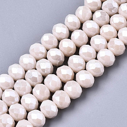 Electroplate Glass Beads Strands, Pearl Luster Plated, Faceted, Rondelle, Misty Rose, 6x5mm, Hole: 1mm, about 87~90pcs/strand, 17~17.5 inch(42.5~43.75cm)(X-EGLA-A034-P6mm-A19)