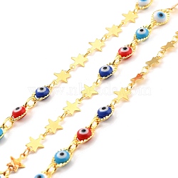 Handmade Brass Link Chains, with Round Beads, Long-Lasting Plated, Soldered, with Spool, Beads with Glass, Evil Eye Beads, Golden, 8.5x6x0.2mm(CHC-M022-08G)