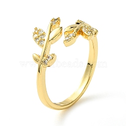 Bass Micro Pave Cubic Zirconia Ring, Long-Lasting Plated, Leaf, Golden, US Size 6(16.5mm)(RJEW-Z033-11G)