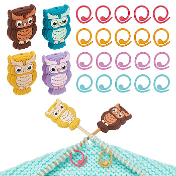 Owl Silicone Knitting Needle Stoppers, Baking Painted Zinc Alloy Knitting Stitch Marker Rings, Mixed Color, 14.5~30x14.5~20x1~9mm, Hole: 2.2mm