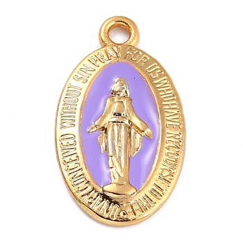 Golden Alloy Enamel Pendants, Long-Lasting Plated, Our Lady of the Miraculous Medal, Oval, Lilac, 21x12x1.5mm, Hole: 1.7mm