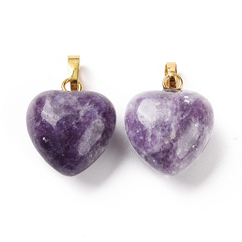 Natural Lepidolite Pendants, with Golden Tone Brass Findings, Heart Charm, 18x15~15.5x6~8mm, Hole: 6x3mm