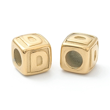 304 Stainless Steel European Beads, Large Hole Beads, Horizontal Hole, Cube with Letter, Golden, Letter.D, 8x8x8mm, Hole: 4mm