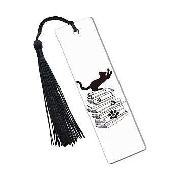 Cat & Book Pattern Transparent Acrylic Bookmarks, Tassel Bookmarks, Rectangle, Clear, 130x27x2mm