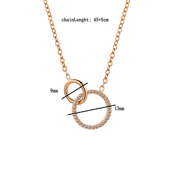 Stainless Steel Crystal Rhinestone Double Circle Pendant Necklaces, Golden, 17.72 inch(45cm)