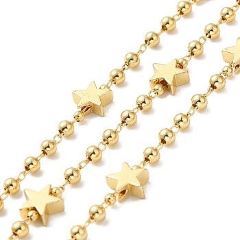 Brass Star Link Chains, with Round Bead, with Spool, Cadmium Free & Lead Free, Real 18K Gold Plated, Star: 7x7x3mm, Beads: 3x4mm
