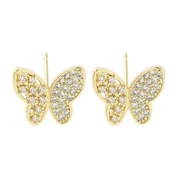 Brass Micro Pave Clear Cubic Zirconia Studs Earring for Women, Butterfly, Real 18K Gold Plated, 12.5x12mm