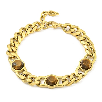 304 Stainless Steel & Natural Tiger Eye Polygon Link Bracelets for Women, Golden, 7-1/2 inch(19cm)