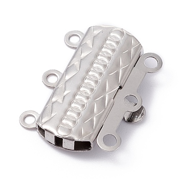 304 Stainless Steel Box Clasps, Multi-Strand Clasps, 3-Strands, 6-Holes, Rectangle with Flower, Stainless Steel Color, 19.8x15x3mm, Hole: 1.6mm