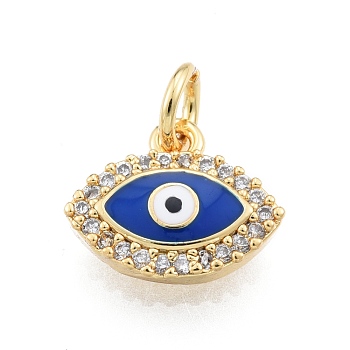 Brass Micro Pave Clear Cubic Zirconia Charms, with Enamel and Jump Rings, Golden, Evil Eye, Blue, 10x12x2.5mm, Hole: 3mm
