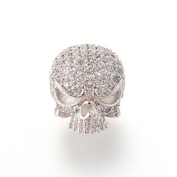 Brass Micro Pave Cubic Zirconia Beads, Skull, Platinum, 11.1x10.8mm