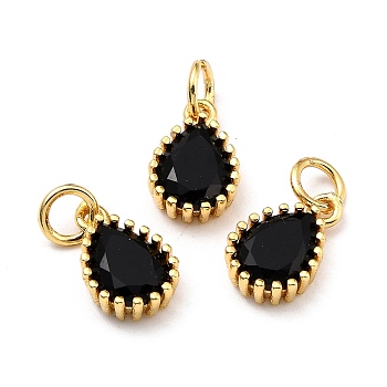 Brass Micro Pave Cubic Zirconia Pendants, Real 18K Gold Plated, Long-Lasting Plated, Teardrop, Black, 12x7.5x3.5mm, Hole: 3mm