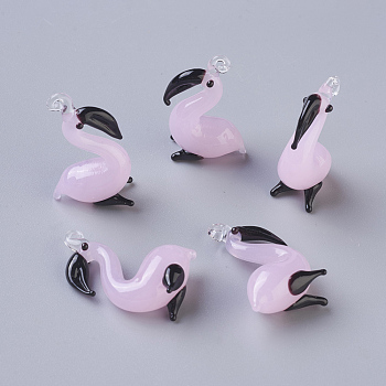 Handmade Lampwork Pendants, Flamingo Shape, Pink, 26~29x20~24x9~10mm, Hole: 2~4mm