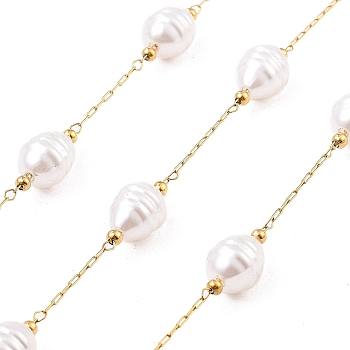 Ion Plating(IP) 304 Stainless Steel Paperclip Chains, Soldered, with ABS Imitation Pearl Beads, Oval, Real 18K Gold Plated, 10x7.5mm, about 16.40 Feet(5m)/Roll