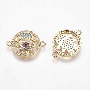 Brass Micro Pave Cubic Zirconia Links, Flat Round with Girl, Colorful, Golden, 21.5x15.5x3mm, Hole: 1.5mm