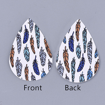 PU Leather Big Pendants, teardrop, with Feather Pattern, Colorful, 56x37x1.5mm, Hole: 1.2mm