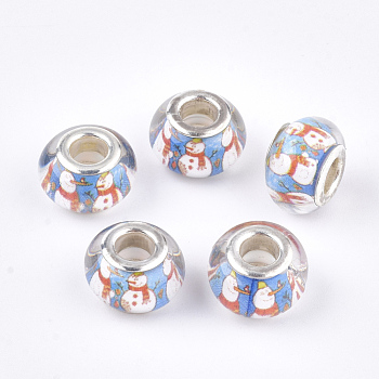 Resin European Beads, Large Hole Beads, with Brass Cores, Christmas Style, Rondelle, Silver Color Plated, Dodger Blue, 13.5~14x9~9.5mm, Hole: 5mm
