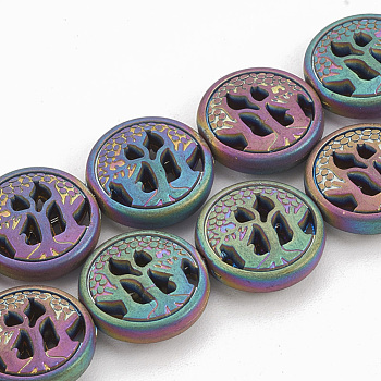 Electroplate Non-magnetic Synthetic Hematite Beads Strands, Matte Style, Flat Round, Multi-color Plated, 12~12.5x4~4.5mm, Hole: 1mm, about 32pcs/strand, 16.14 inch