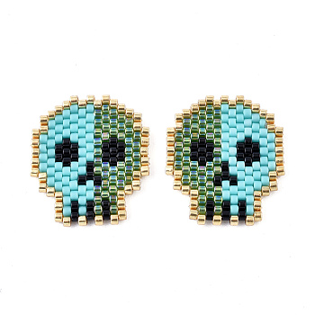 Handmade Seed Beads Pendants, with Elastic Thread, Loom Pattern, Skull, Turquoise, 23x20x1.5mm