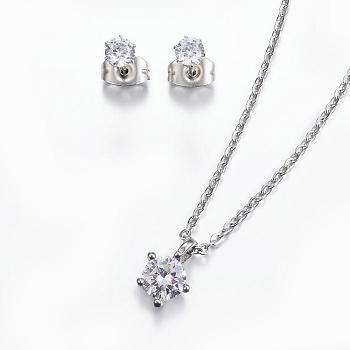 304 Stainless Steel Jewelry Sets, Pendant Necklaces and Stud Earrings, with Cubic Zirconia, Stainless Steel Color, 18.11 inch(46cm), 14.5x4x4mm, Pin: 0.8mm