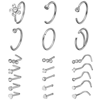 21Pcs 21 Style Clear Cubic Zirconia Flower & Flat Round & Heart Nose Studs & Rings Set, 304 Stainless Steel Nose Hoop & Fishtail & L-shape Nose Rings, Piercing Jewelry for Women, Silver, 9~9.5x5.5~9.5mm, Pin: 0.8mm, 1Pc/style