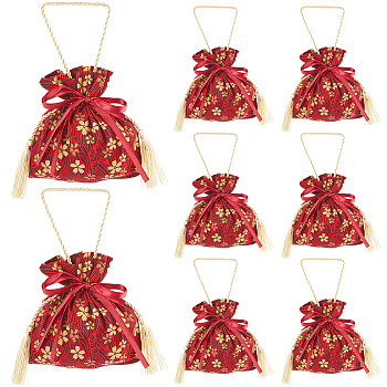 Flower Printed Cloth Drawstring Storage Bags, Tassel Wedding Candy Bags with Rope Handle, Rectangle, Red, 22.5cm, Bag: 162x151x1mm